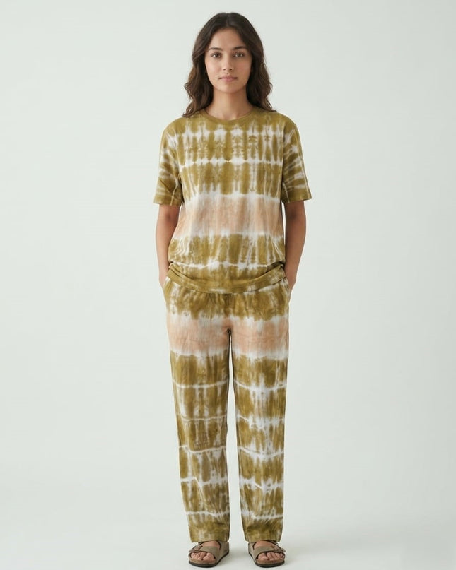 Premium Tie-Dye Relaxed Co-Ord Set – Olive Earth