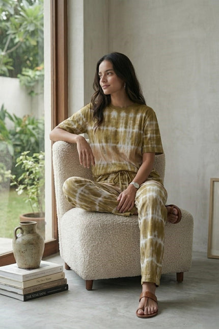 Premium Tie-Dye Relaxed Co-Ord Set – Olive Earth