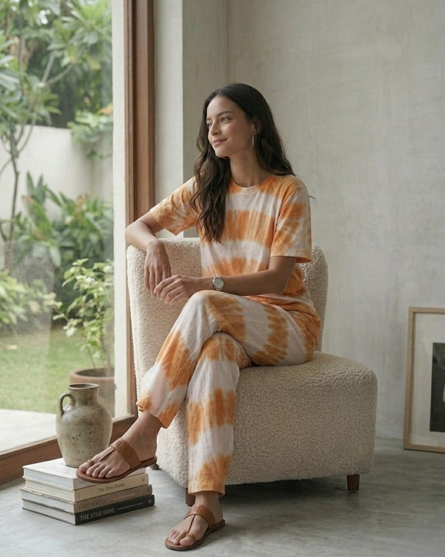 Premium Tie-Dye Relaxed Co-Ord Set – Sunset Apricot