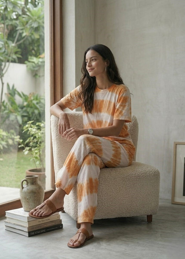 Premium Tie-Dye Relaxed Co-Ord Set – Sunset Apricot